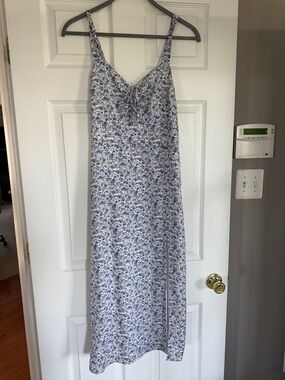 Blue Floral Midi Slip Dress with Adjustable Spaghetti Straps